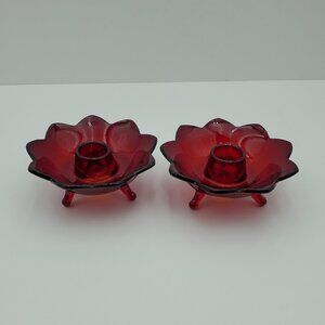 Fenton Ruby Red Amberina Lotus Flower Candleholders Red Glass 3 Footed Taper